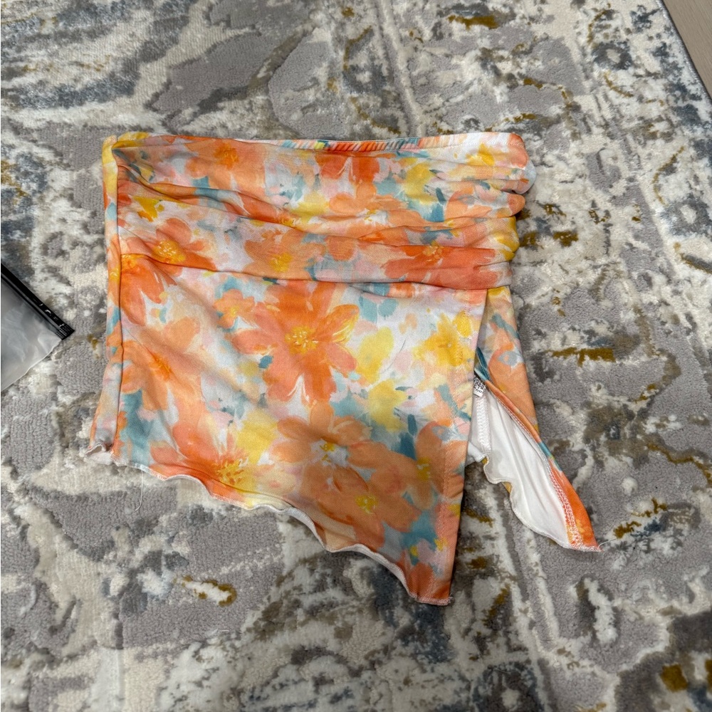 SHEIN Orange and Yellow Floral Strapless Top and Skirt Set